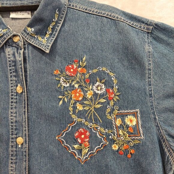 Bobbie Brooks blouse 14w Vintage Embroidered Flowers Garden Button Shirt Retro c - Picture 3 of 15